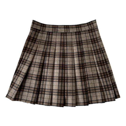 Vintage Campus Plaid Skirt - S / Brown