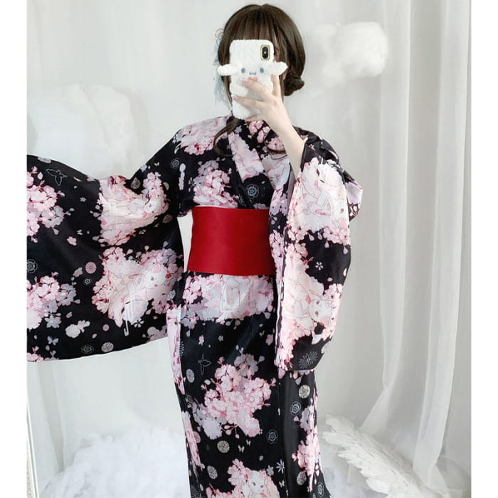 Vintage Cat Sakura Print Kimono Dress - Black 2 / One Size