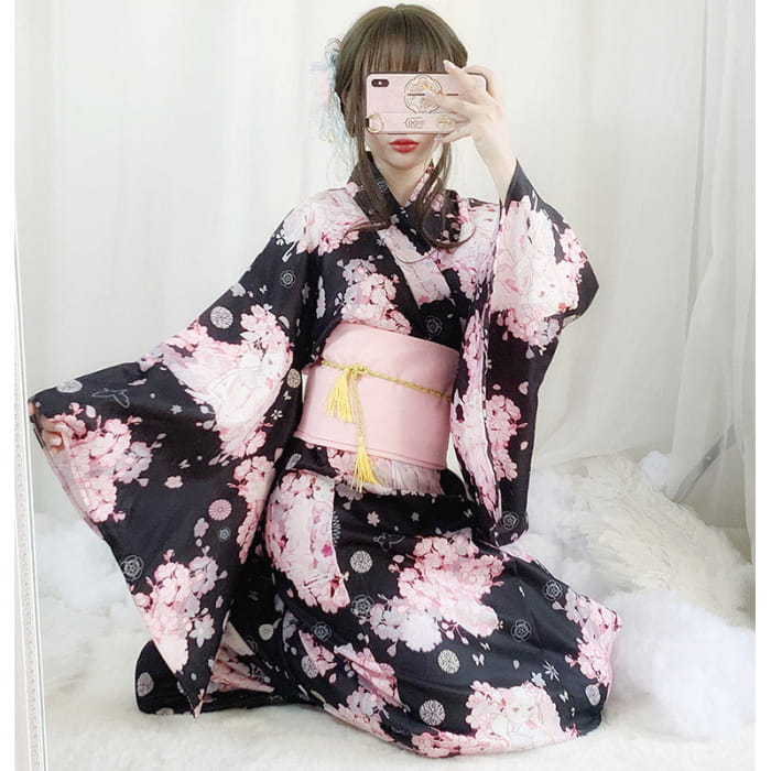 Vintage Cat Sakura Print Kimono Dress - Black / One Size