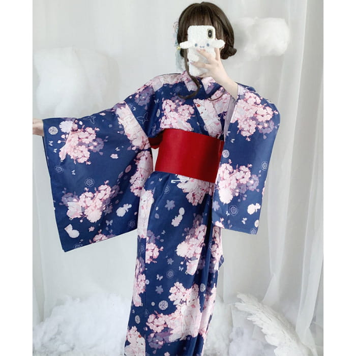 Vintage Cat Sakura Print Kimono Dress - Blue 2 / One Size