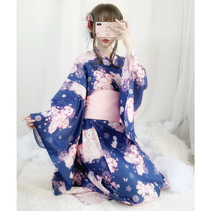 Vintage Cat Sakura Print Kimono Dress - Blue / One Size