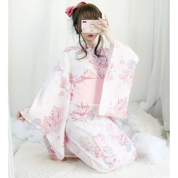 Vintage Cat Sakura Print Kimono Dress - Pink / One Size