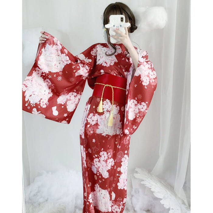 Vintage Cat Sakura Print Kimono Dress - Red 2 / One Size