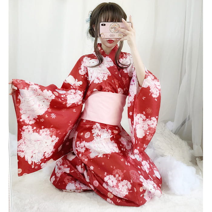 Vintage Cat Sakura Print Kimono Dress - Red / One Size