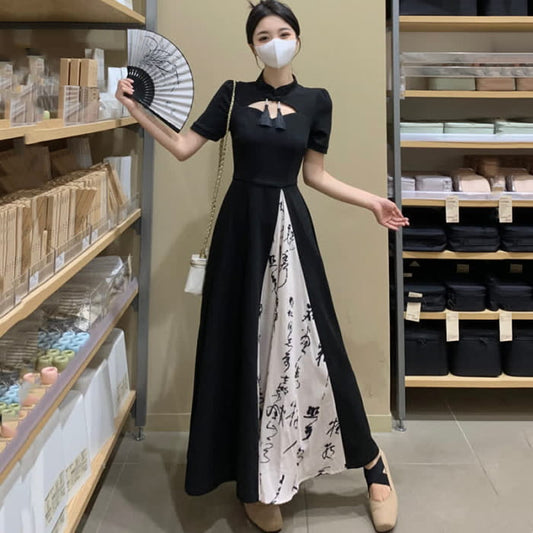 Vintage Character Tassel Hollow Out Cheongsam Dress - Black