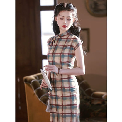 Vintage Checker Patterned Cheongsam - Female Hanfu