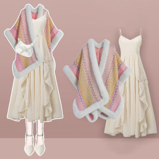 Vintage Colorblock Shawl Wrap Flouncing Slip Dress