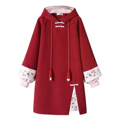 Vintage Crane Embroidery Plush Sweatshirt Dress