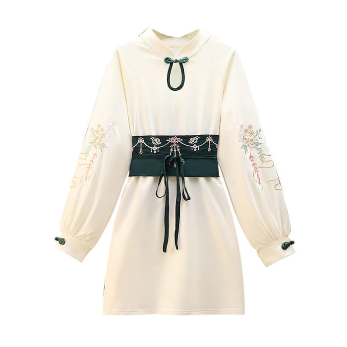 Vintage Crane Embroidery Plush Sweatshirt Dress