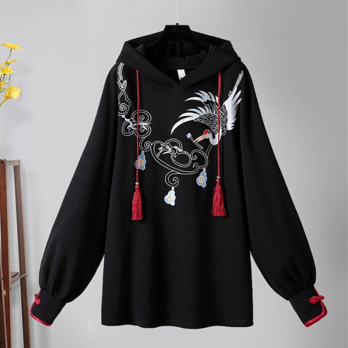Vintage Crane Embroidery Plush Sweatshirt Dress - Black / S