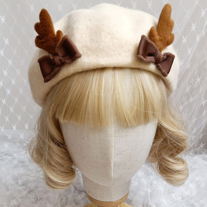Vintage Deer Ears Lolita Beret Warm - Beige / One Size