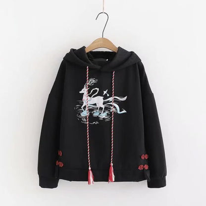 Vintage Deer Print Buckle Plush Hoodie - Black / M