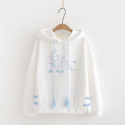 Vintage Deer Print Buckle Plush Hoodie - White / M