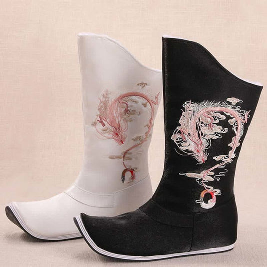 Vintage Dragon Embroidery Pointed Toe Plush Boots