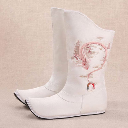 Vintage Dragon Embroidery Pointed Toe Plush Boots