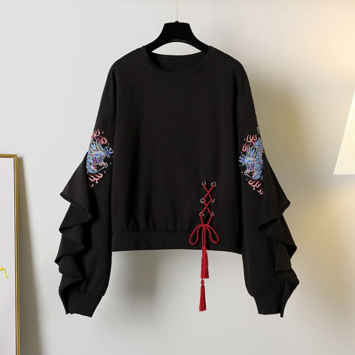 Vintage Embroideried Lace Up Sweatshirt Pleated Skirt - M