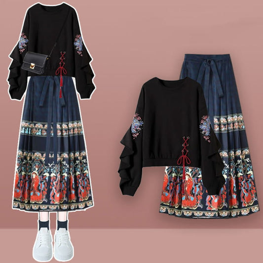 Vintage Embroideried Lace Up Sweatshirt Pleated Skirt - Set