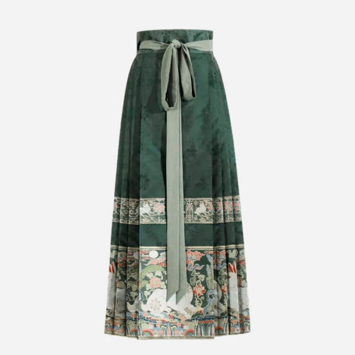 Vintage Embroidery Coat Green High Waist Pleated Skirt - M