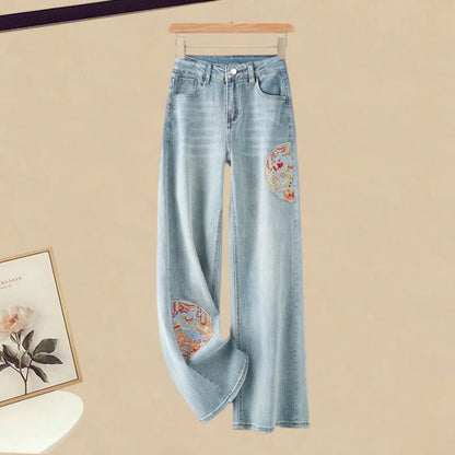 Vintage Embroidery Lapel Shirt Denim Pants - M