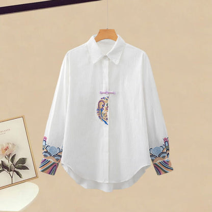 Vintage Embroidery Lapel Shirt Denim Pants - M