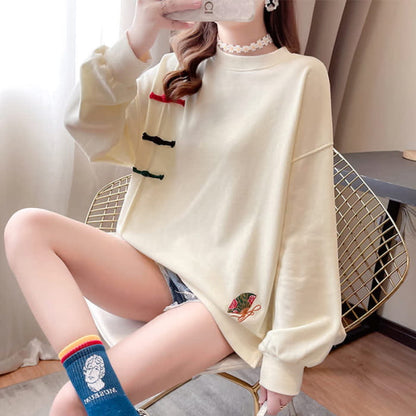 Vintage Fan Embroidery Buckle Sweatshirt - Apricot / M