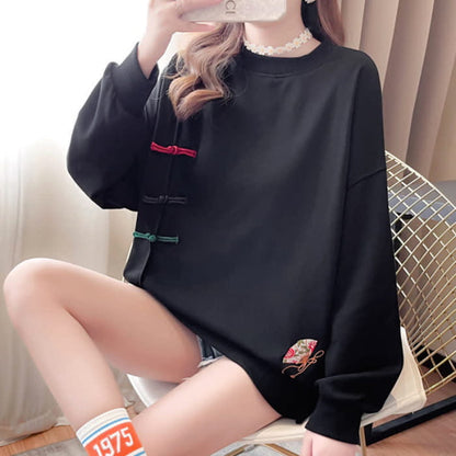 Vintage Fan Embroidery Buckle Sweatshirt - Black / M