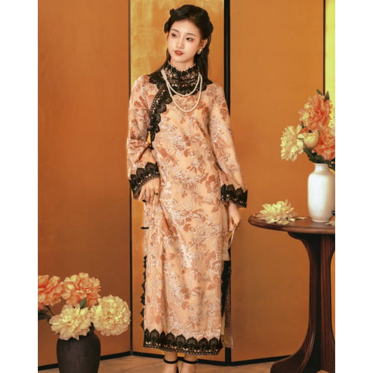 Vintage Floral Cheongsam Dress - S / Long Sleeved - Female