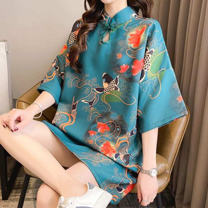 Vintage Floral Embroidery Short Sleeve Cheongsam Dress