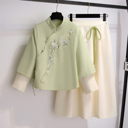 Vintage Flower Green Sweatshirt High Waist Lace Up Skirt