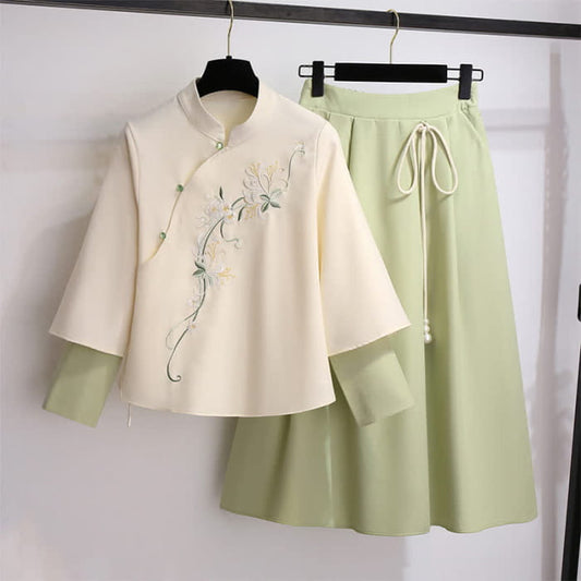 Vintage Flower Green Sweatshirt High Waist Lace Up Skirt
