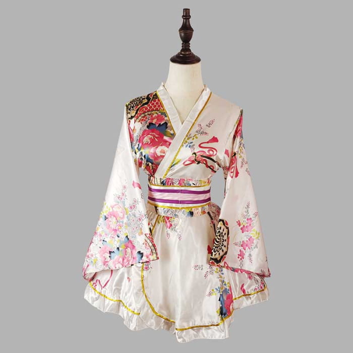 Vintage Flowers Print Kimono Costume - White / M