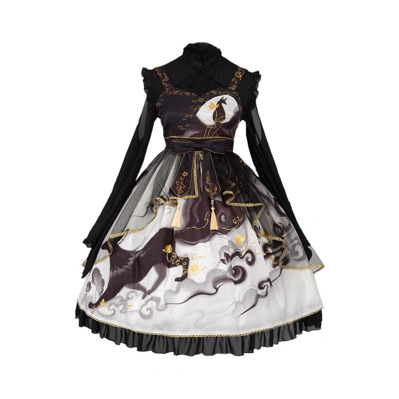 Vintage Fox and Cloud Dress - S / Black - Modern Hanfu