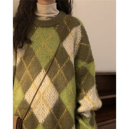 Vintage Green Argyle Sweater - Sweaters