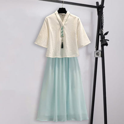 Vintage Hanfu Embroidery Tassel Shirt Skirt Set - Blue / M