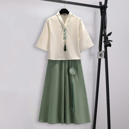 Vintage Hanfu Embroidery Tassel Shirt Skirt Set - Green / M