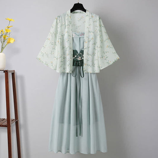 Vintage Hanfu Floral Cardigan Embroidery Slip Dress - Set