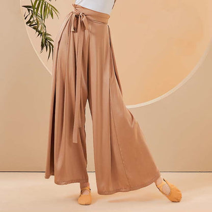 Vintage High Waist Flowy Wide Leg Casual Pants - Brown / M