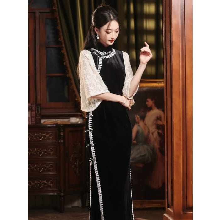 Vintage Lace Sleeve Long Cheongsam - Female Hanfu