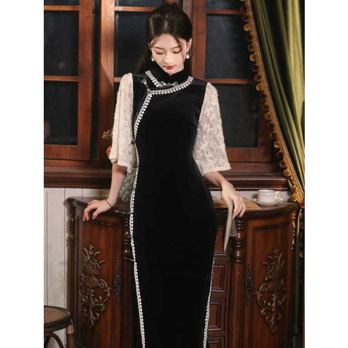 Vintage Lace Sleeve Long Cheongsam - Female Hanfu