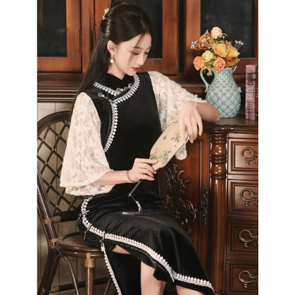 Vintage Lace Sleeve Long Cheongsam - S - Female Hanfu