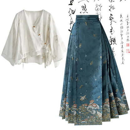 Vintage Lace-up Shirt High Waist Pleated Skirt Set - M