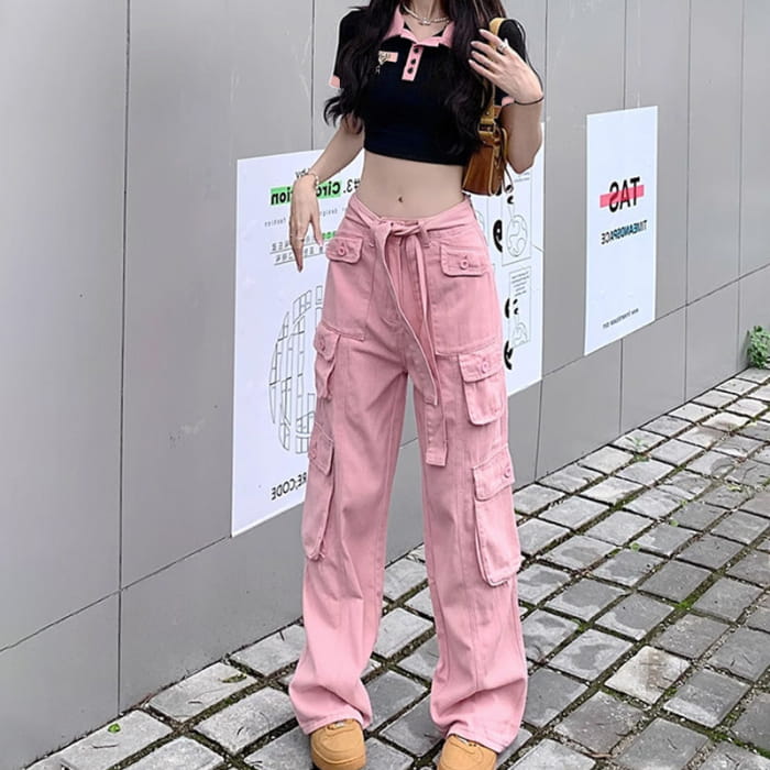 Vintage Love Heart Crop T-Shirt Pink Cargo Pants