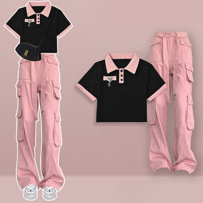 Vintage Love Heart Crop T-Shirt Pink Cargo Pants - Set / M