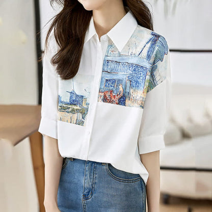 Vintage Painting Blue House Shirt