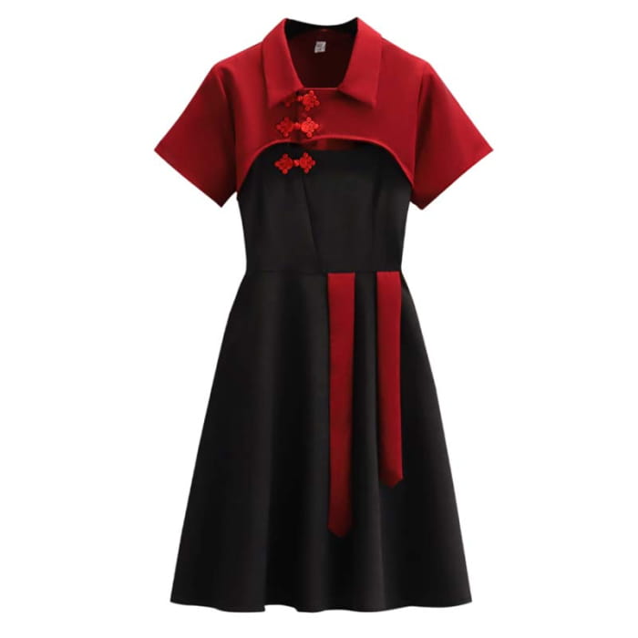 Vintage Red Buckle Vest Slip Dress Set