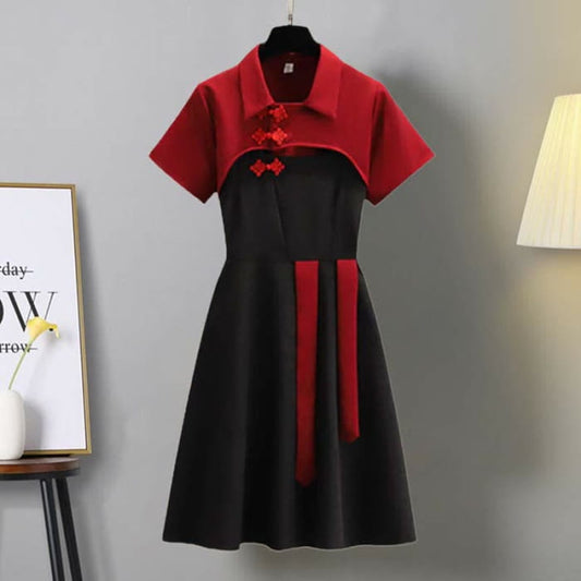 Vintage Red Buckle Vest Slip Dress Set - Vest + Dress / S