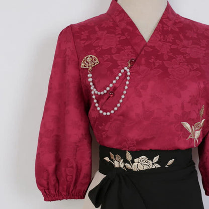 Vintage Rose Embroidery Shirt Stitching Pleated Skirt