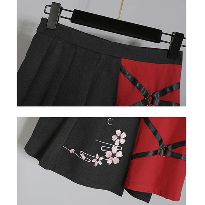 Vintage Sakura Fox Print Lace Up T-Shirt Skirt Set