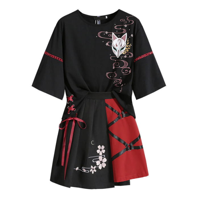 Vintage Sakura Fox Print Lace Up T-Shirt Skirt Set - M