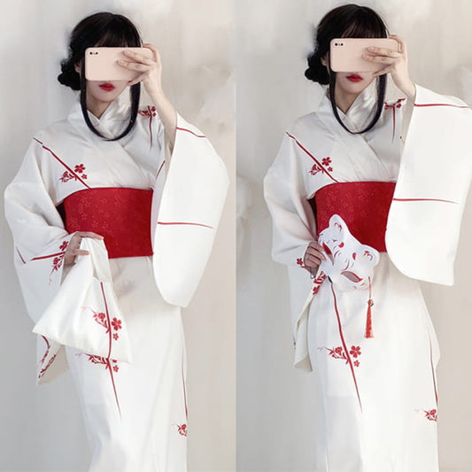 Vintage Sakura Print Bow Decor Kimono Dress - White / Dress
